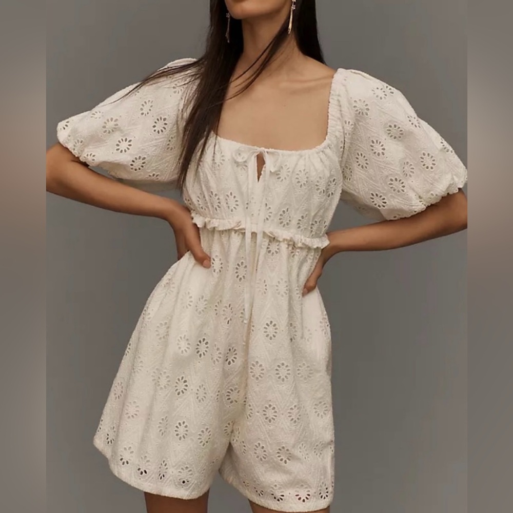 Anthropologie- Pilcro Puff Sleeve Eyelet Romper